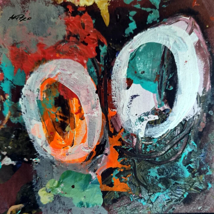 Turquoise and Orange Organic Abstract on Paper