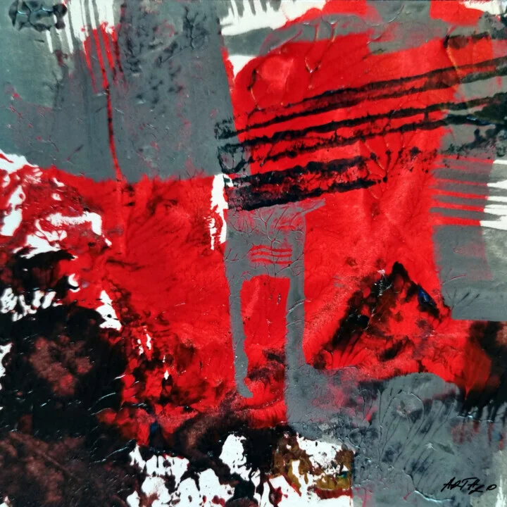 Crimson and Grey Energetic Abstract on Paper