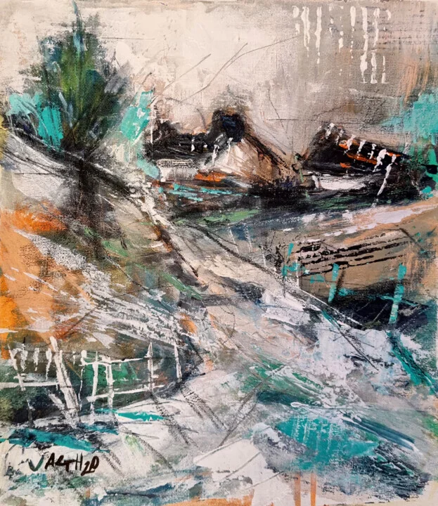 Teal and Warm Orange Abstract Landscape