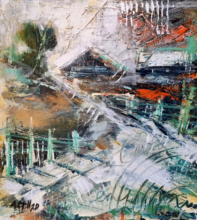 Ochre and Green Country Homes on Linen Canvas