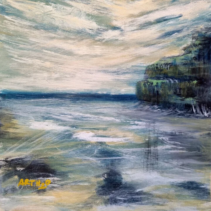 Teal and Jade Coastal Scene on Linen Canvas