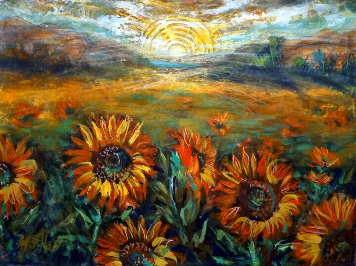 Golden Orange Sunflowers in a Sunrise Glow