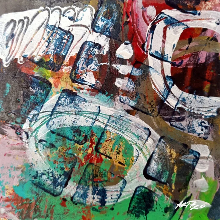 Crimson and Emerald Abstract on Paper