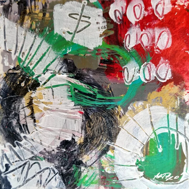 Emerald and Red Abstract on Paper