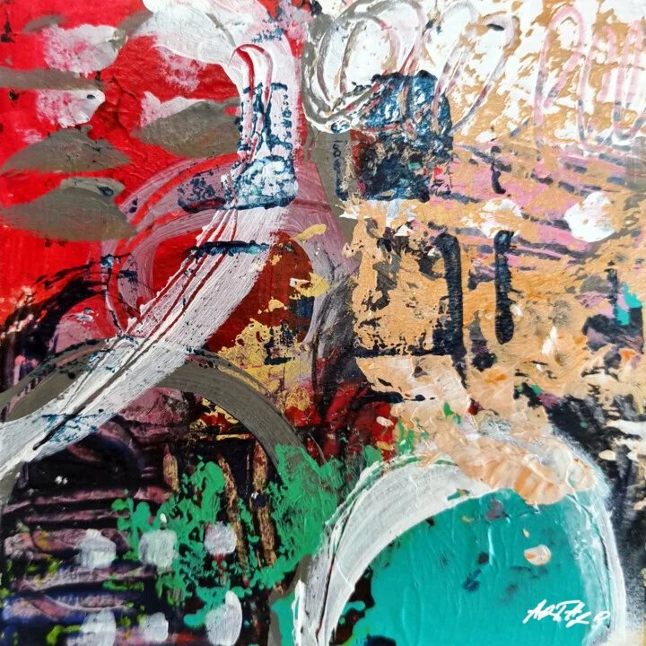 Crimson and Aqua Abstract on Paper