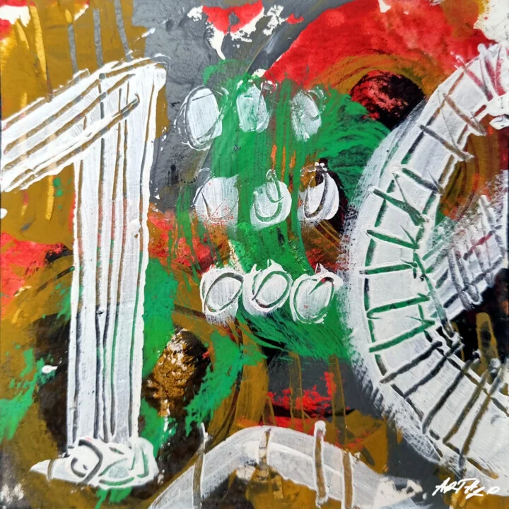 Crimson and Green Acrylic Abstract on Paper
