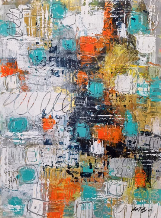 Teal and Orange Abstract on Paper