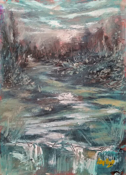 Teal and Brown River Scene on Paper