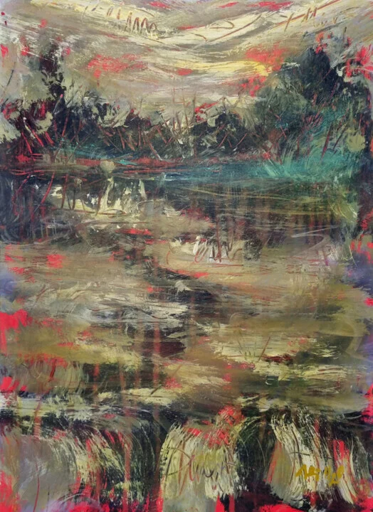Muted Green Acrylic Landscape on Paper