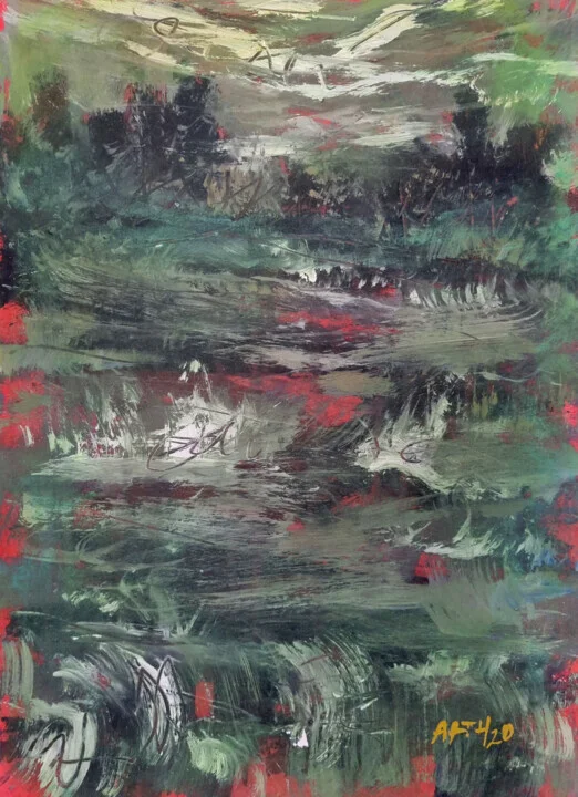 Emerald and Crimson Landscape on Paper