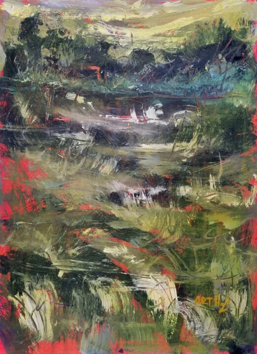Mossy Green Acrylic Landscape on Paper