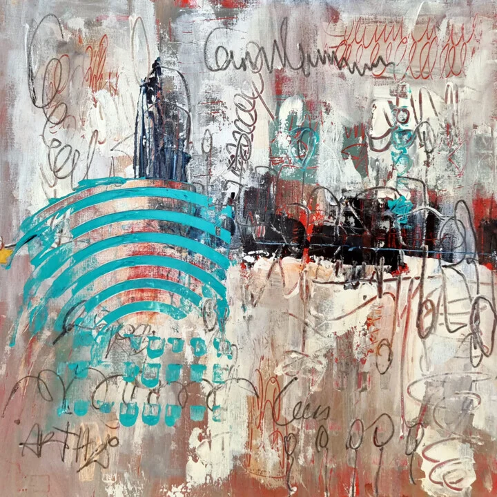 Turquoise and Red Urban Abstract on Paper