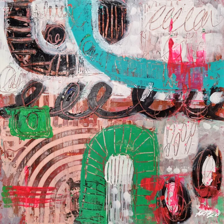 Turquoise and Peach Abstract on Paper