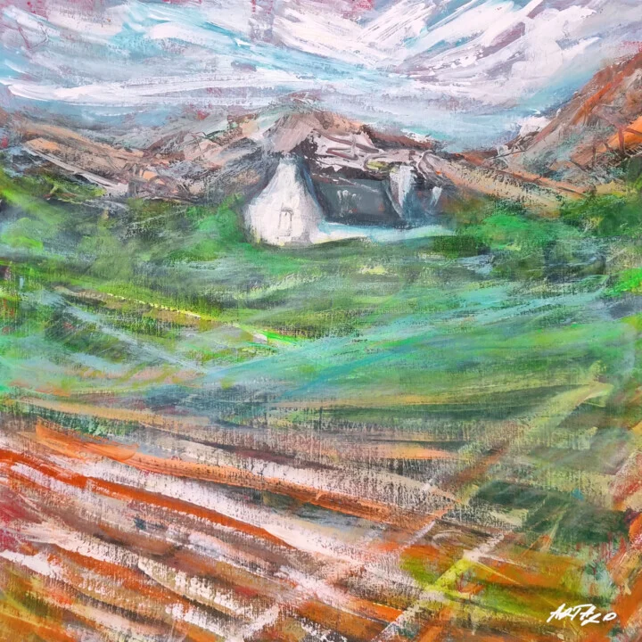 Emerald Green Landscape with Rustic Cottage