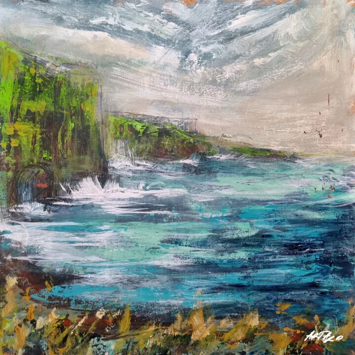 Teal and Green Coastal Cliffs on Paper