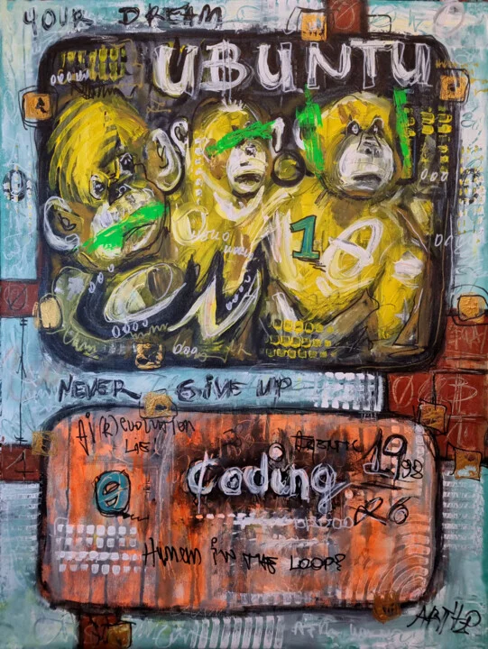Click to view in high resolution Vivid Yellow Monkeys on Linen Canvas