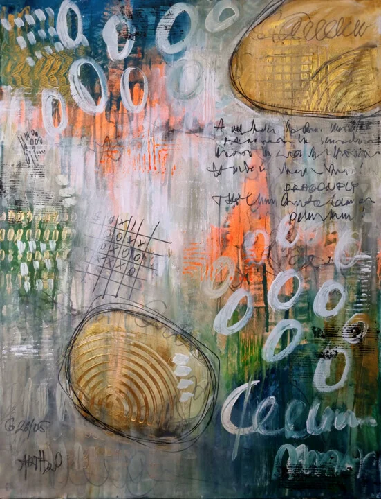 Burnt Orange and Green Abstract on Linen Canvas