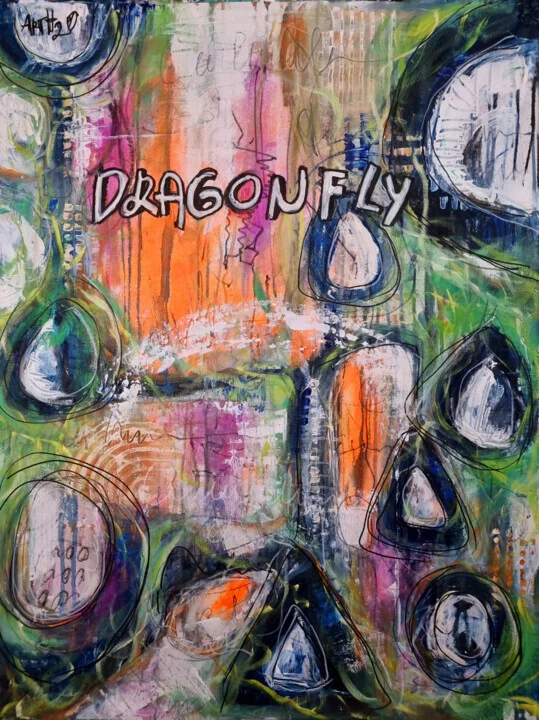 Bright Orange and Green Acrylic Dragonfly Abstract