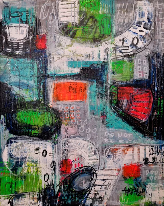 Bold Red and Green Abstract on Linen Canvas