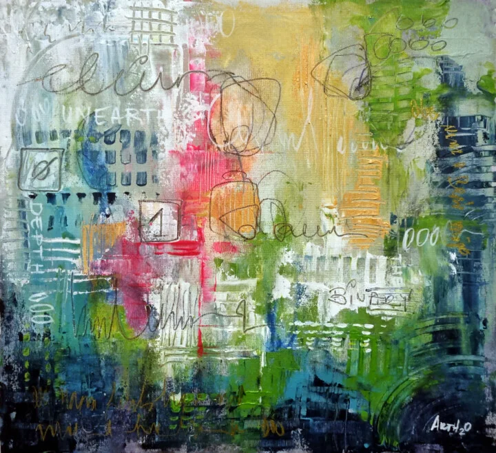 Vibrant Green and Yellow Abstract on Linen