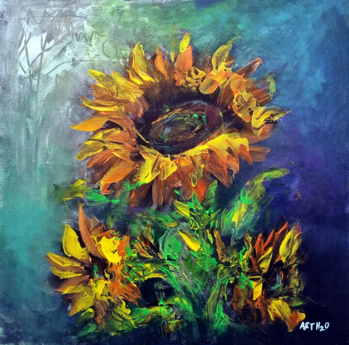 Golden Yellow Sunflowers in Deep Teal