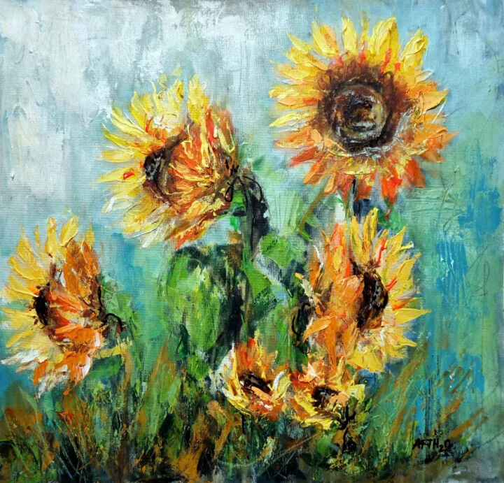 Sunny Yellow Sunflowers on Linen Canvas