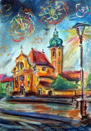 a painting of a building and a street light 
DSC_0194_1.jpg 20 of August in Gyor
