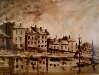 a painting of a city 
A serene painting of waterfront buildings Calm Waters at Dusk