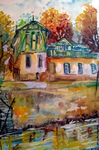 a painting of a house 
A serene scene of a house by the water Autumn Reflection