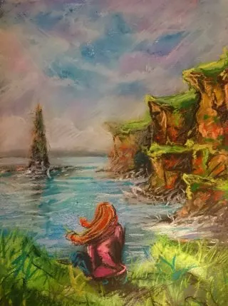 a painting of a woman sitting on the edge of a river 
A moment of reflection in nature's beauty Serenity by the Shore