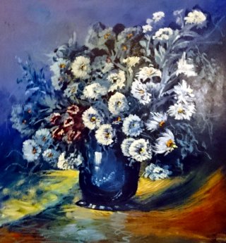a painting of flowers in a blue vase 
DSC_0155.jpg The blue vase