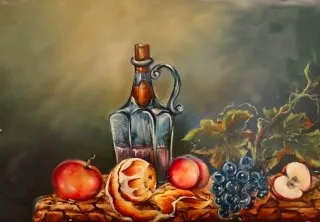 a painting of a bottle of wine and fruit 
A vibrant depiction of nature's bounty Still Life with Fruits and Bottle