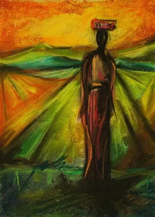 a painting of a woman in a long dress 
A vibrant portrayal of beauty and resilience Embrace of Nature's Colors
