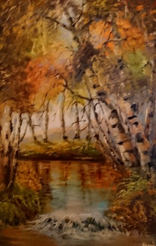 a painting of a river with trees and leaves 
DSC_0083_3.jpg River bank birches