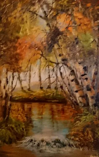 a painting of a river with trees and leaves 
DSC_0083_3.webp River bank birches