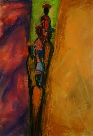 a painting of people walking on a cliff 
group-to-the-market.webp Across the cave