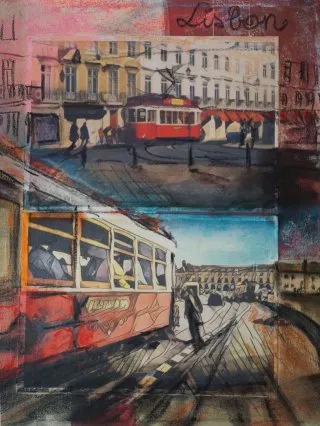 a painting of a city 
lisbon.webp Train in Lisbon