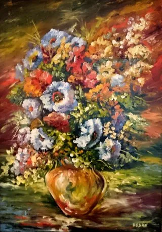 a painting of flowers in a vase 
A colorful display of nature's beauty Vibrant Floral Arrangement