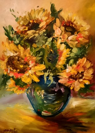 a painting of sunflowers in a blue vase 
DSC_0140.jpg Sunflowers in green vase
