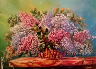 a painting of flowers in a basket 
DSC_0089_1.jpg Lilacs  in wicker basket