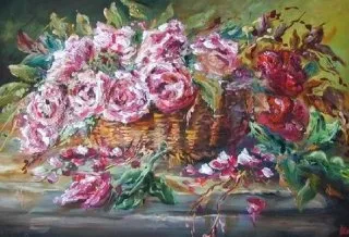 a painting of flowers on a table 
A captivating display of roses in bloom Vibrant Floral Still Life