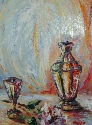 a painting of a vase and two glasses 
1382945108kosanart-gyor-115.webp Bottle and cup