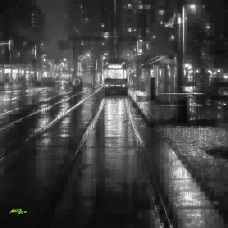 a street with lights on it 
filip-mroz-023T4jyCRqA-unsplash-20x20inch-bw.webp Last Tram