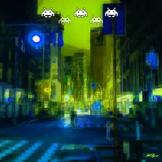 a street with a green sky 
night-cycle-20x20-blue.webp Walking in the city