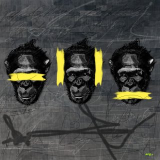 a group of gorillas with yellow tape around their eyes 
3monkeys-3000px72dpi-v1.jpg 3 Wise Monkeys Grey with Yellow lines