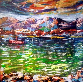 a painting of a city and mountains 
ireland-co-mayo-louisburgh-old-head-arth2o-01.jpg Nautical Serenity: The Fishing Vessel by Old Head Louisburgh