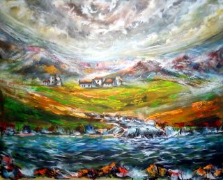 a painting of a landscape with a river and a house 
arth2o-2023-louisburgh-Carrowmore-beach-ireland-01.jpg The view from Carrowniskey beach