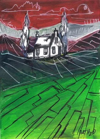 a drawing of a house on a green field 
irish-house10.webp Irish Houses minimal Art Series 10