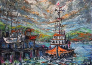 a painting of a boat in the water 
arth2o-sleeping-cutter-ship-in-wesport-100x75-size.jpg Sentinels Resting in Westport Harbor