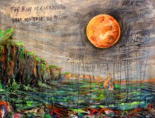a painting of a landscape with a full moon 
arth2o-moon-in-the-cliffs-100x75-size.jpg Cliffs of the Emerald Moon